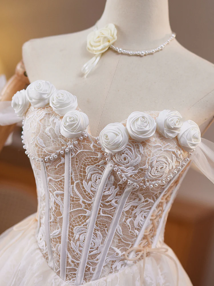 A-Line Off Shoulder Tulle Lace Beige Short Prom Dress, Beige Homecoming Dress - Deanwangkt