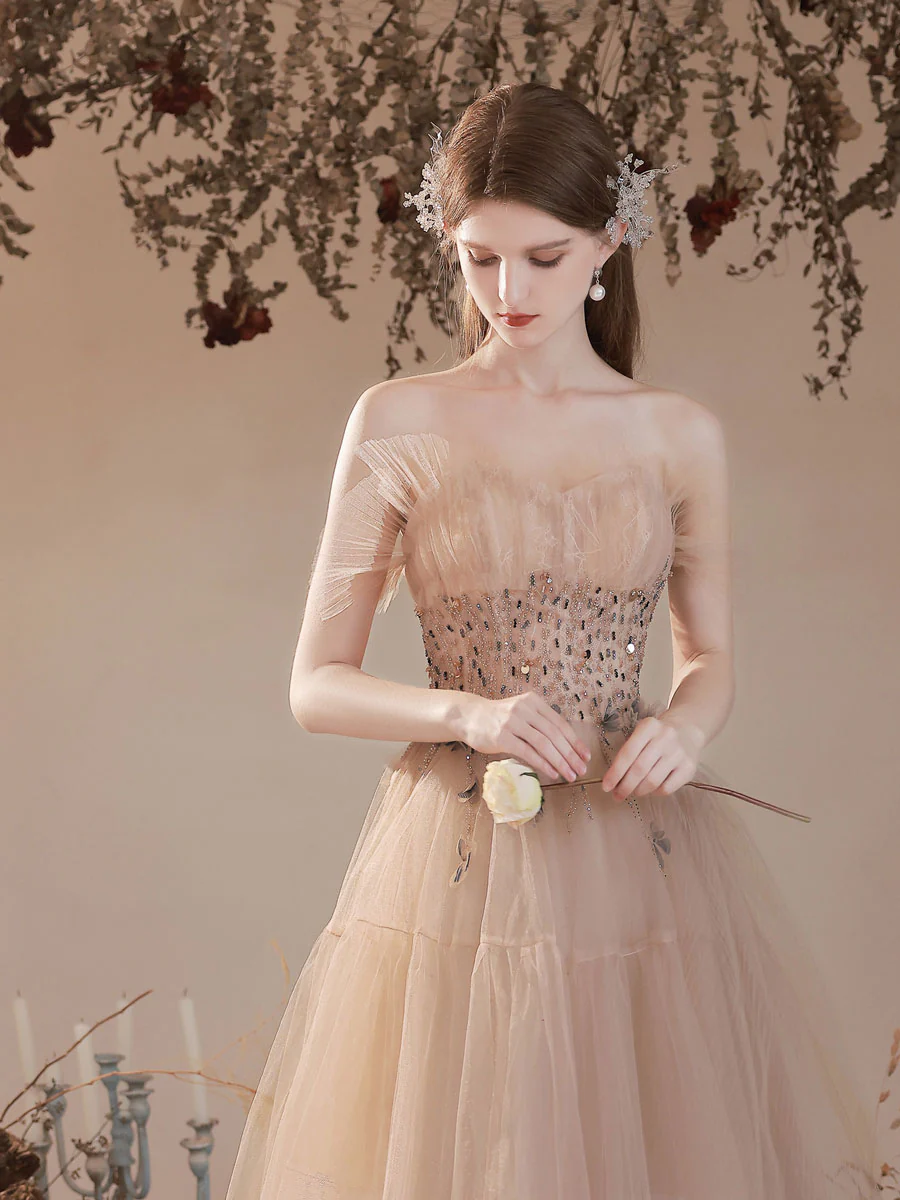 Champagne Tulle Long Prom Dress, Champagne A line Formal Dresses - Deanwangkt