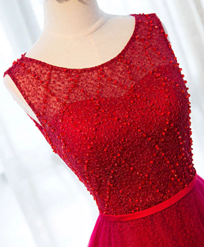 A Line Round Neck Tulle Long Prom Dress, Lace Evening Dress - Deanwangkt