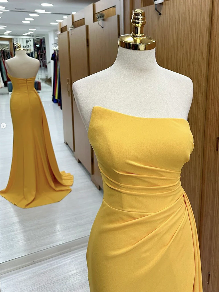 Simple Yellow Satin Long Prom Dress, Yellow Formal Dress - Deanwangkt