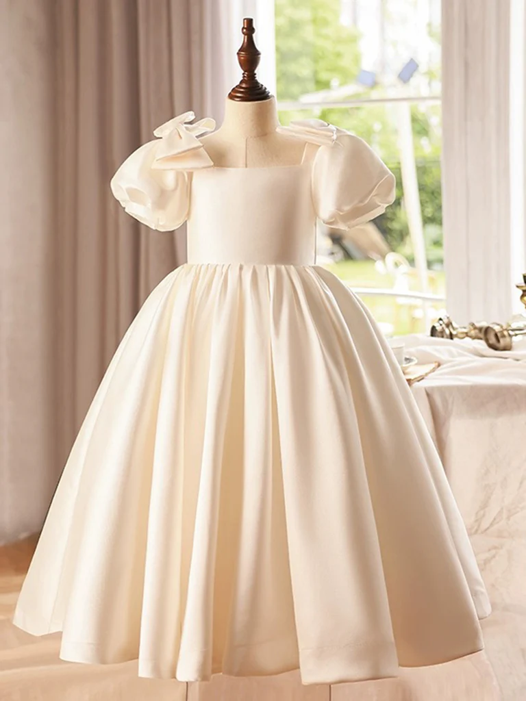 A-Line Puff Sleeves Satin Beige Flower Girl Dress - Deanwangkt