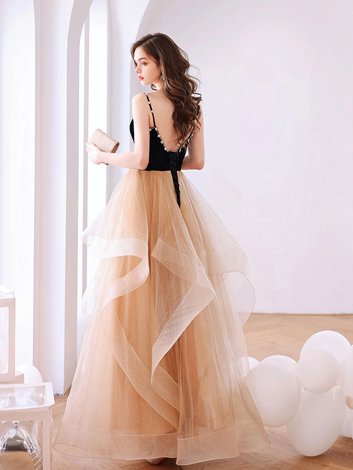 Champagne Tulle Long Prom Dresses, Champagne Tulle Formal Graduation Dresses - Deanwangkt