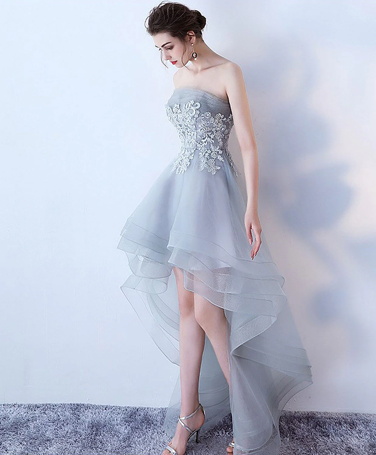Gray Tulle Lace High Low Prom Dress, Cute Homecoming Dress - Deanwangkt