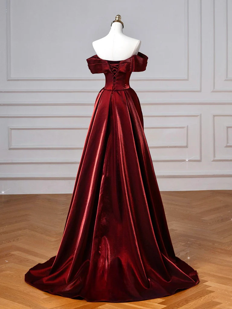 Simple Off Shoulder Satin Burgundy Long Prom Dress, Burgundy Long Formal Dress - Deanwangkt