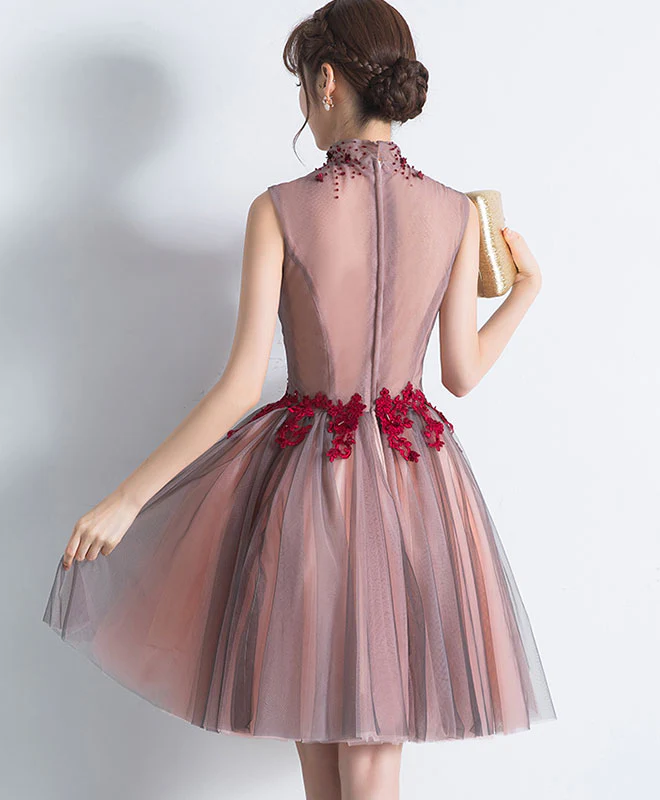 Unique Burgundy Tulle Lace Short Prom Dress, Tulle Homecoming Dress - Deanwangkt