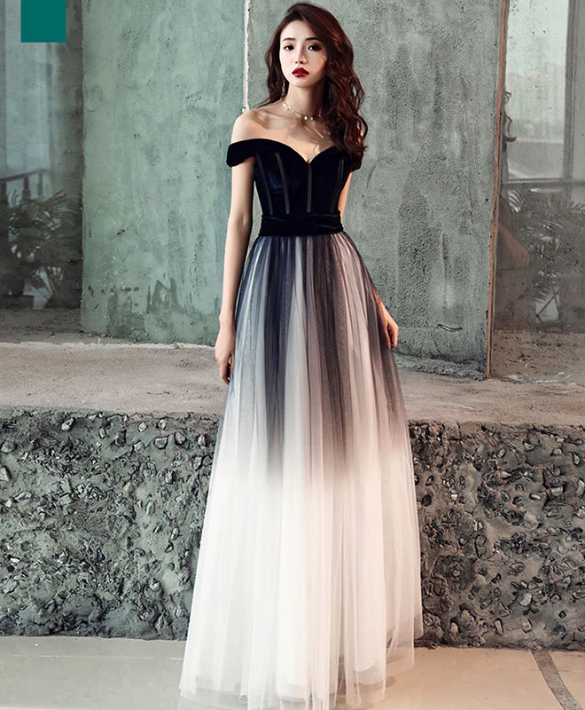 Simple Tulle Off Shoulder Black Long Prom Dress, Black Tulle Evening Dress - Deanwangkt