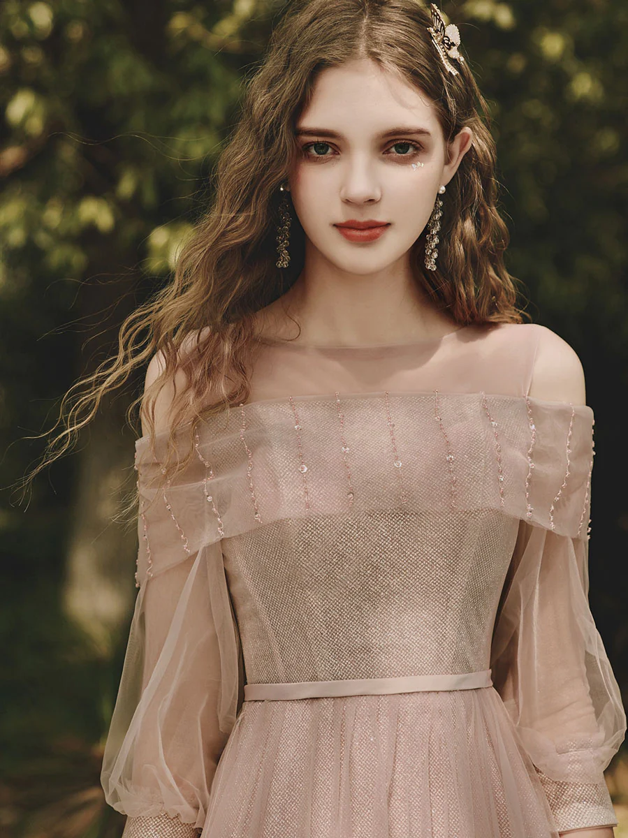 Pink Tulle Tea Length Prom Dress, Pink Tulle Formal Dress - Deanwangkt