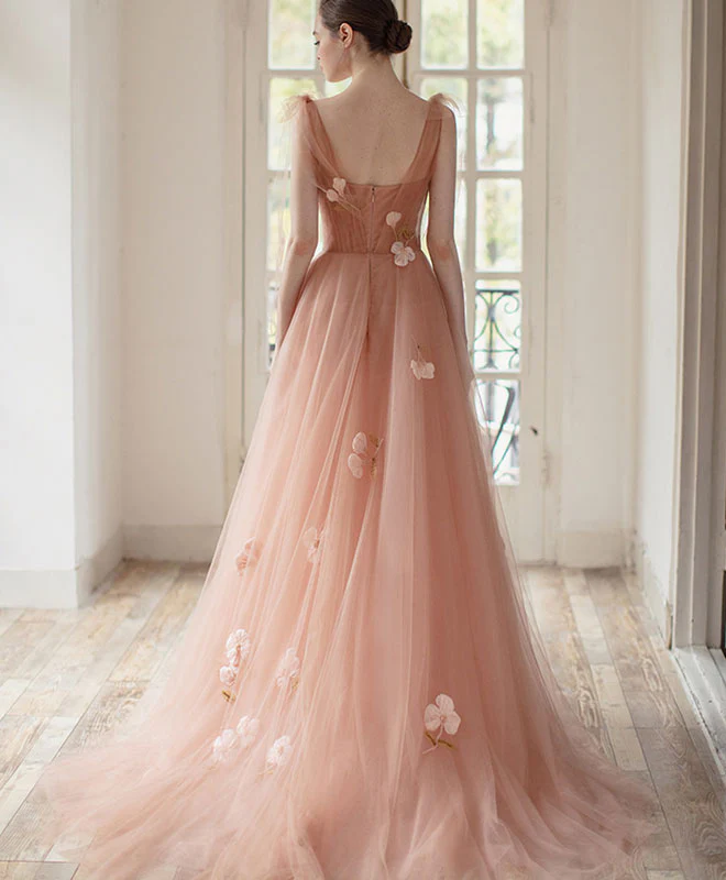 Pink V Neck Tulle Long Prom Dress, Tulle Pink Evening Dress - Deanwangkt