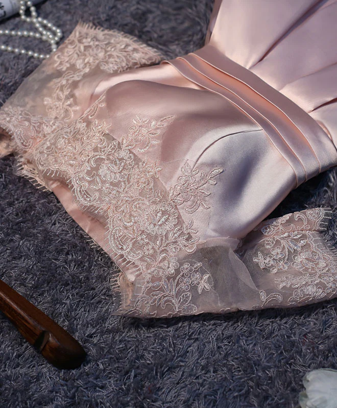 Pink A Line Satin Lace Short Prom Dress, Pink Homecoming Dress - Deanwangkt