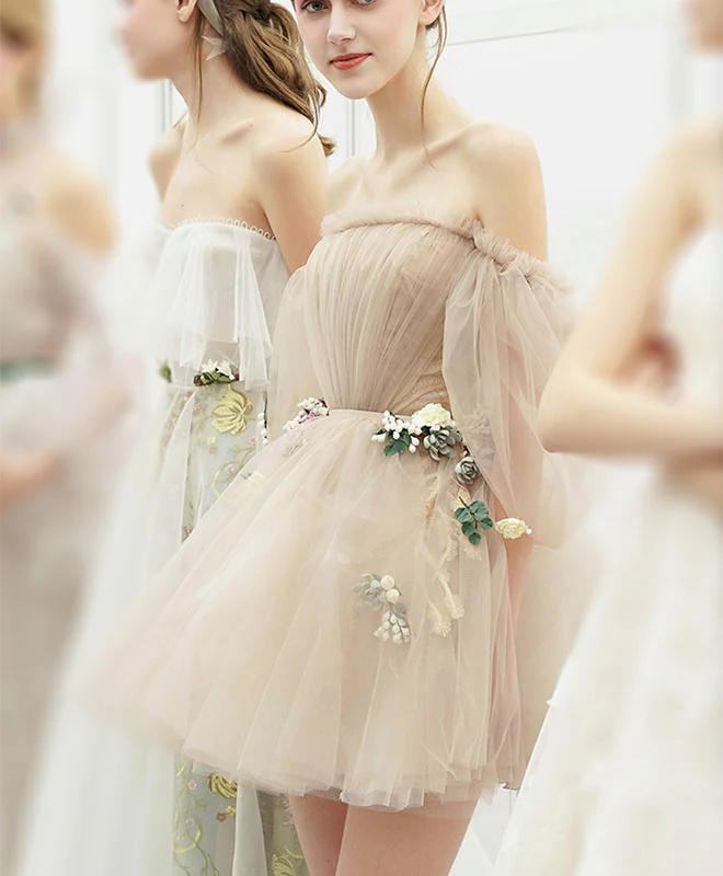 Cute Champagne Tulle Short Prom Dress, Champagne Homecoming Dress - Deanwangkt