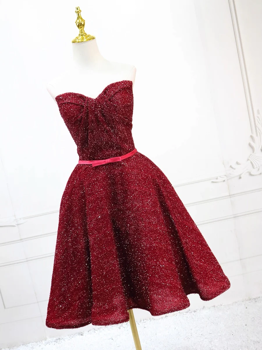 A-Line Sweetheart Neck Short Burgundy Prom Dress, Cute Burgundy Homecoming Dress - Deanwangkt