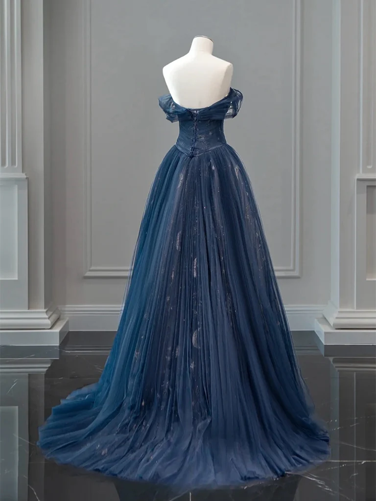 A-Line Off Shoulder Tulle Lace Dark Blue Long Prom Dress, Dark Blue Long Evening Dress - Deanwangkt