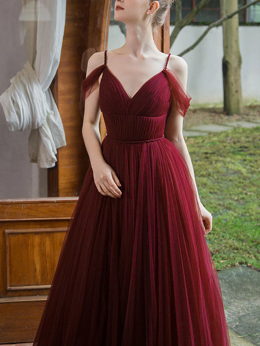 Simple Burgundy V Neck Tulle Long Prom Dress, Burgundy Bridesmaid Dress - Deanwangkt