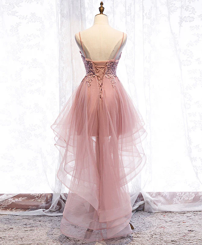 Pink Tulle Lace High Low Prom Dress, Pink Homecoming Dress - Deanwangkt