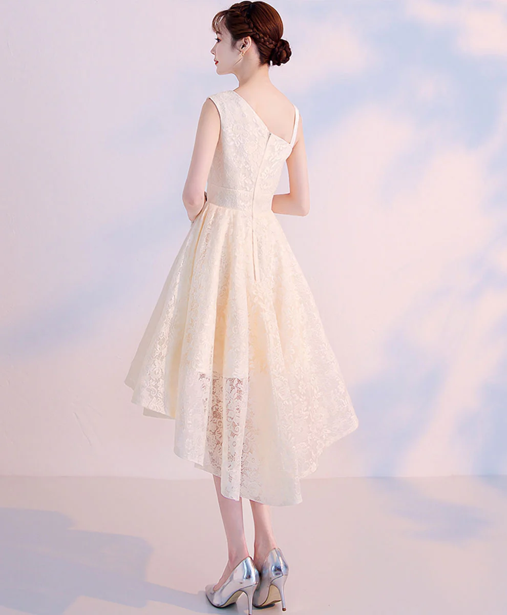 Champagne Lace High Low Prom Dress Lace Cocktail Dress, Cute Homecoming Dress - Deanwangkt