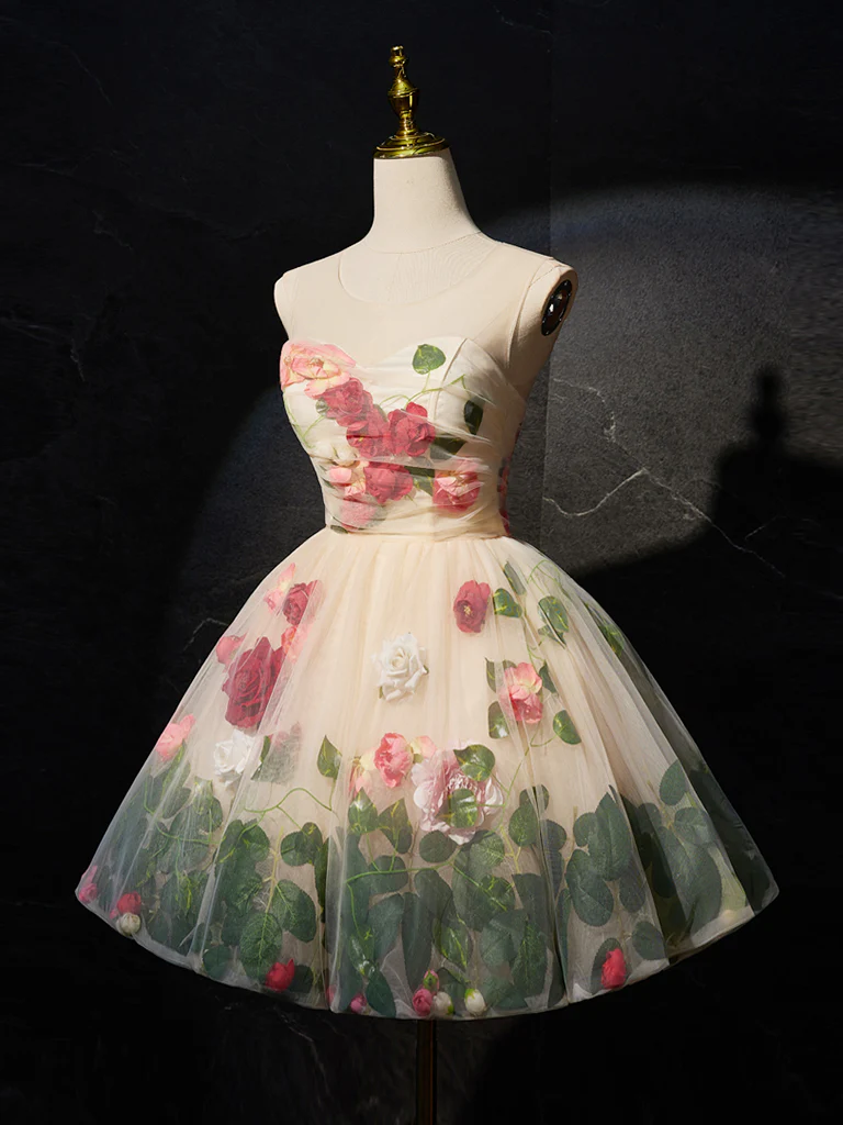 Unique Scoop Neckline Tulle Flower Champagne Short Prom Dress, Cute Formal Dress - Deanwangkt