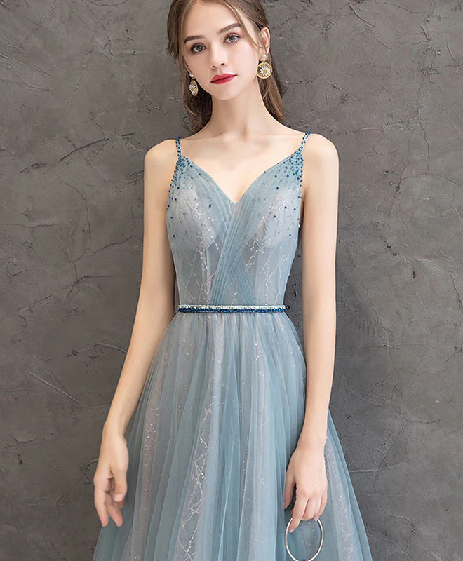 Gray Blue V Neck Tulle Long Prom Dress Gray Blue Evening Dress - Deanwangkt
