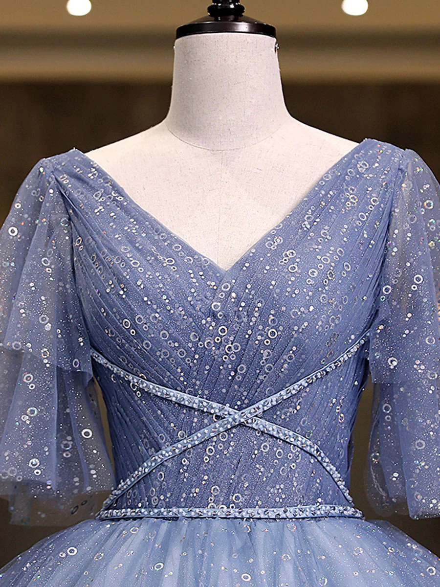 Gray Blue V Neck Tulle Long Prom Dress, Blue Long Sweet 16 Dresses - Deanwangkt