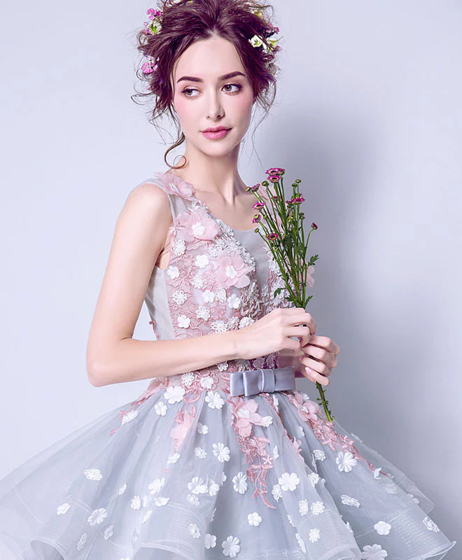 Unique Round Neck Tulle Lace Long Prom Dress, Gray Evening Dress - Deanwangkt