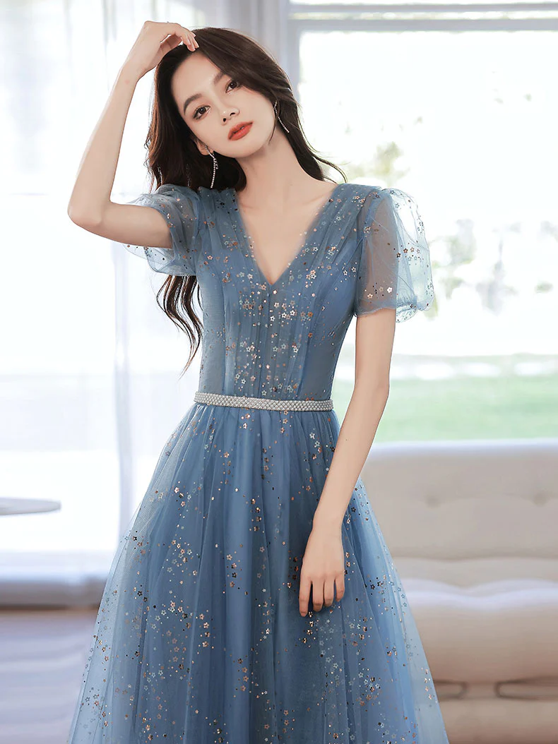 Blue V Neck Tulle Tea Length Prom Dress, Blue Tulle Formal Evening Dress - Deanwangkt