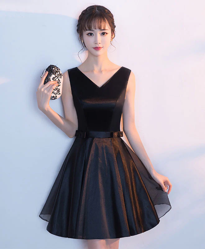 Cute Black V Neck Short Prom Dress With Bow, Homecoming Dress - Deanwangkt