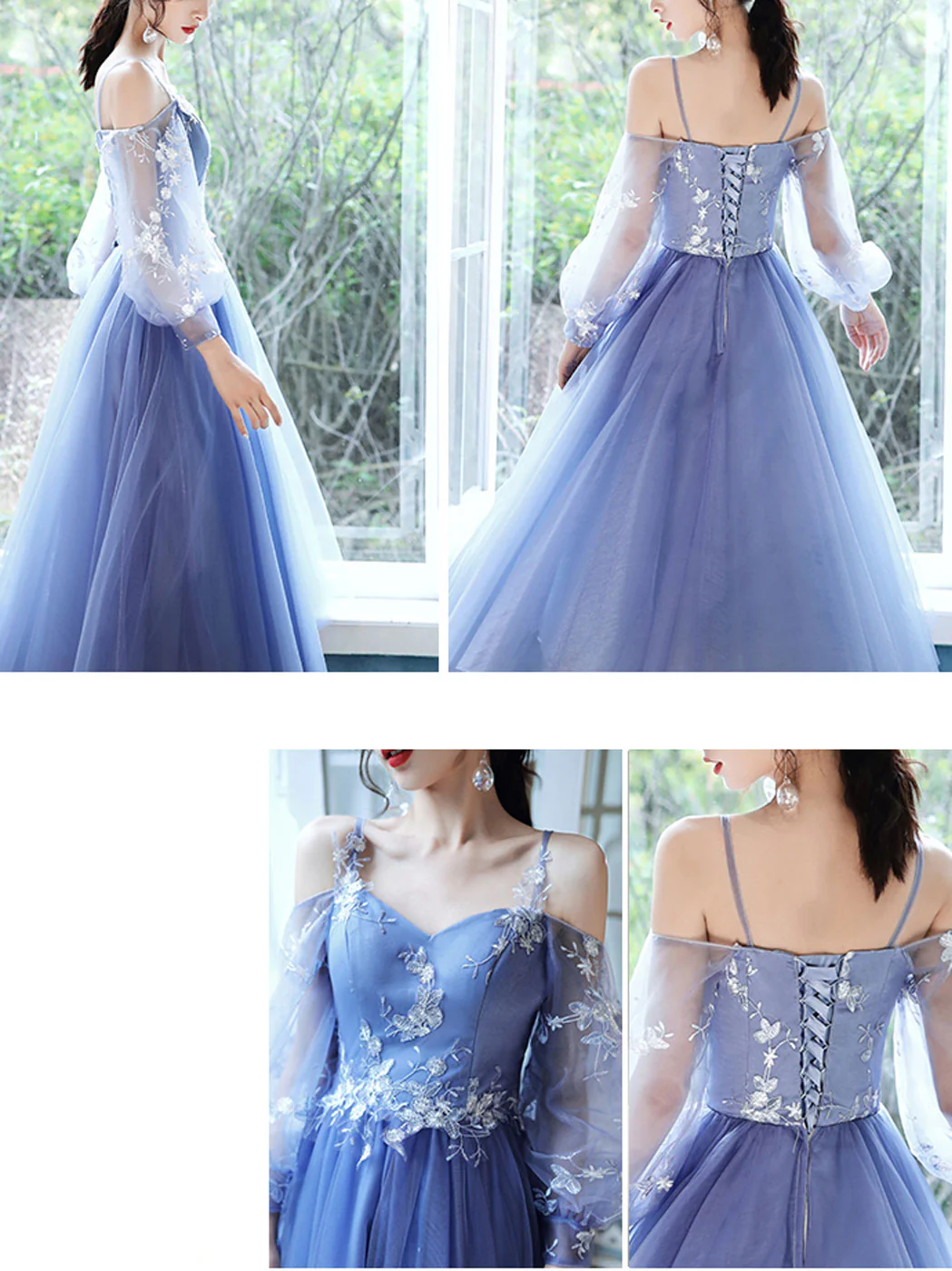 Blue Tulle Long Sleeves Short Prom Dress, Blue Short Homecoming Dresses - Deanwangkt