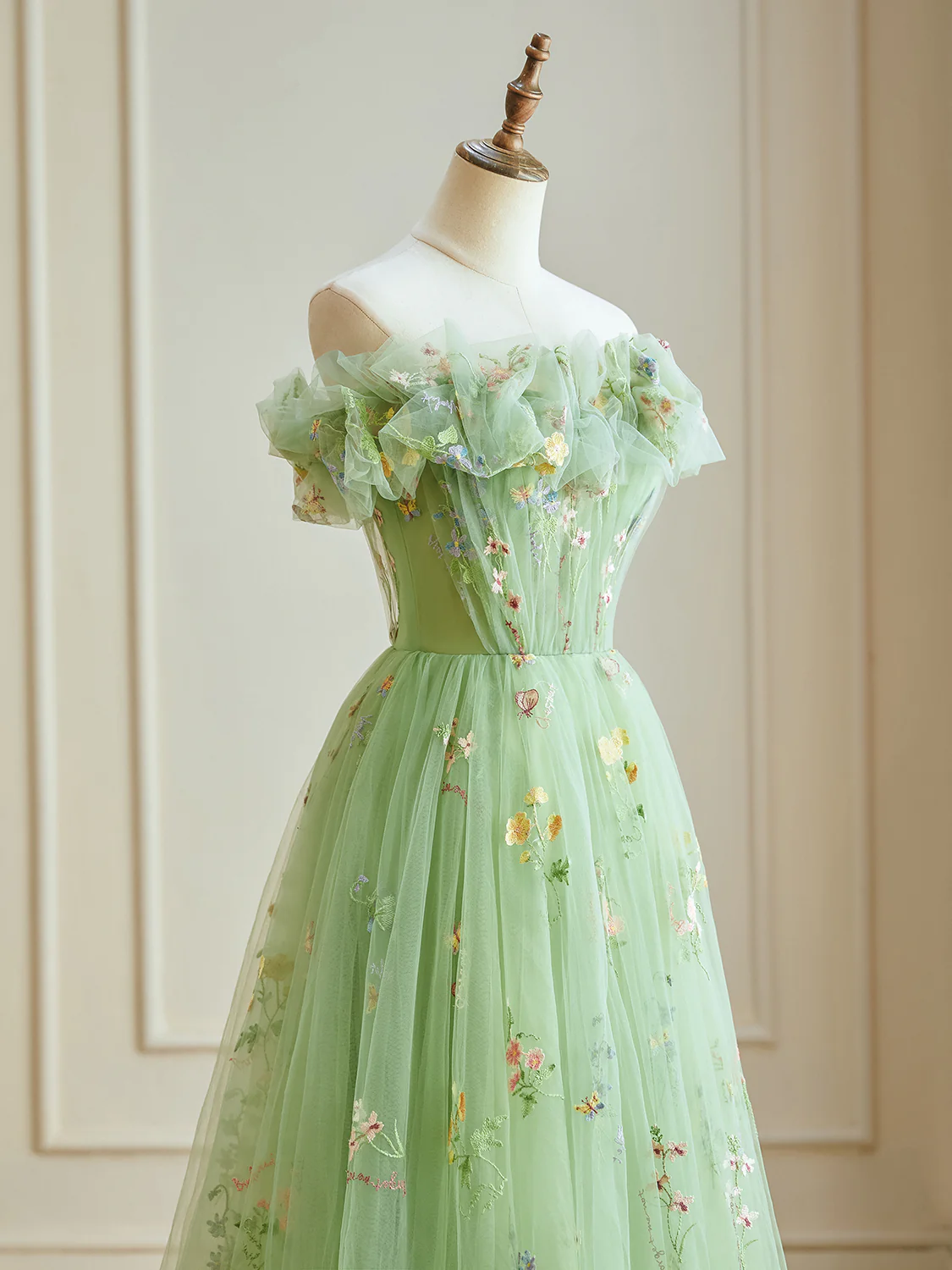 A-Line Off Shoulder Tulle Lace Green Long Prom Dress, Green Lace Long Formal Dress - Deanwangkt