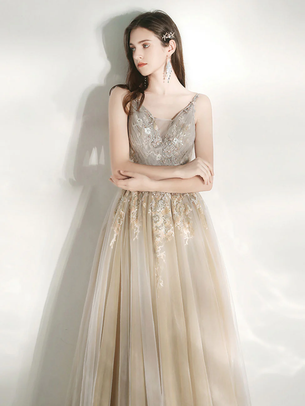 Champagne A Line Tulle lace long Prom Dress, Champagne Graduation Dresses - Deanwangkt