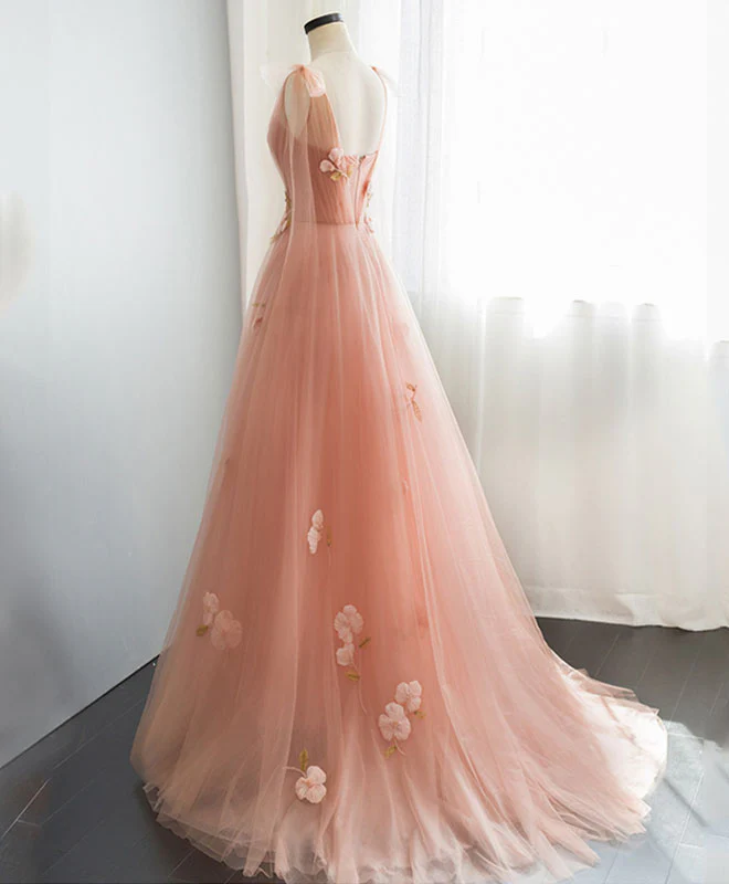 Pink V Neck Tulle Long Prom Dress, Tulle Pink Evening Dress - Deanwangkt