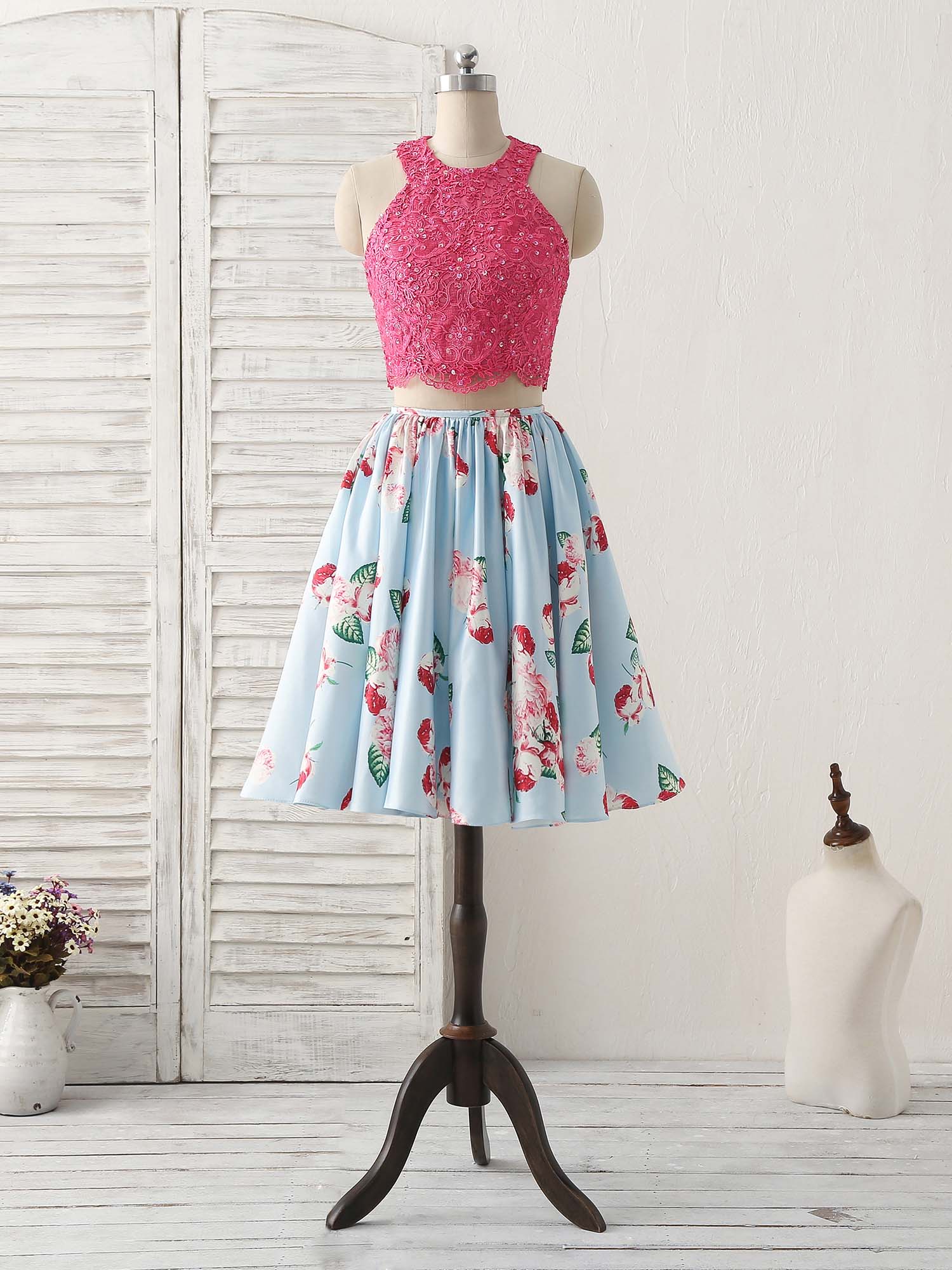 Cute Two Pieces Lace Satin Short Prom Dress Blue Homecoming Dress - Deanwangkt