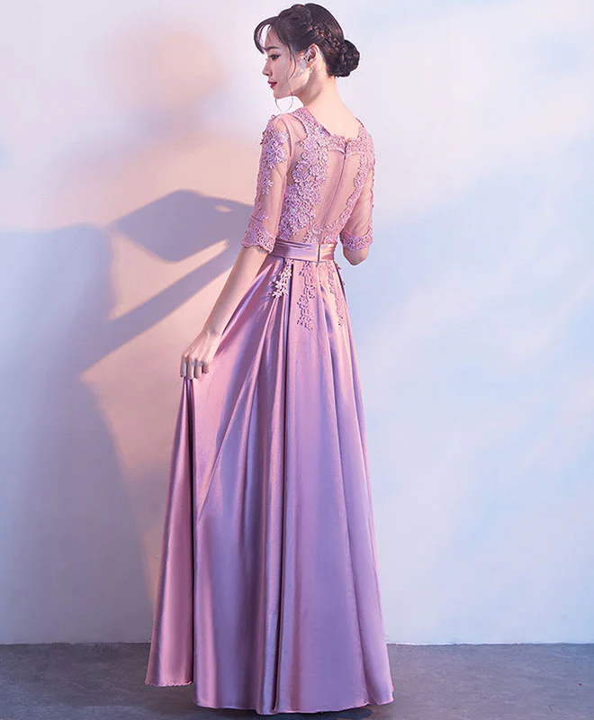 Pink A-Line Lace Long Prom Dress Pink Lace Bridesmaid Dress - Deanwangkt
