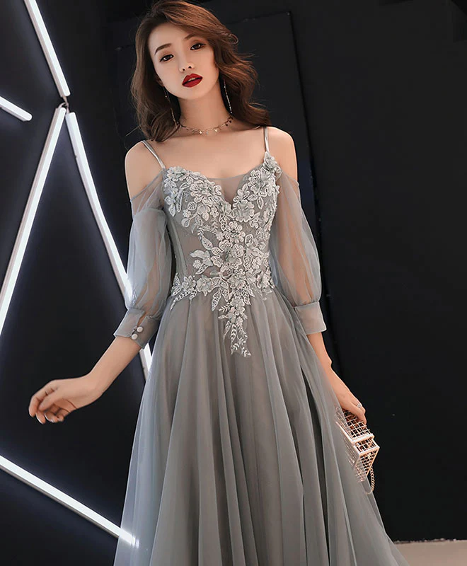 Gray Sweetheart A-Line Tulle Lace Long Prom Dress, Gray Evening Dress - Deanwangkt