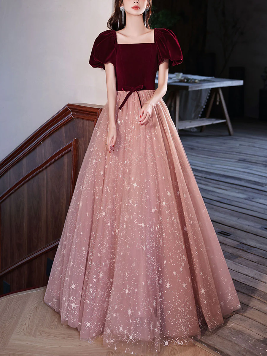Burgundy velvet/tulle Long Prom Dresses, A line Tulle Formal Graduation Dresses - Deanwangkt