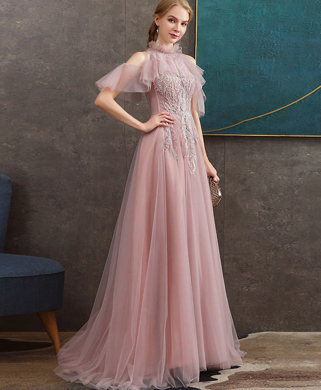 Pink Tulle Lace Long Prom Dress Pink Tulle Formal Graduation Dress with Beading - Deanwangkt