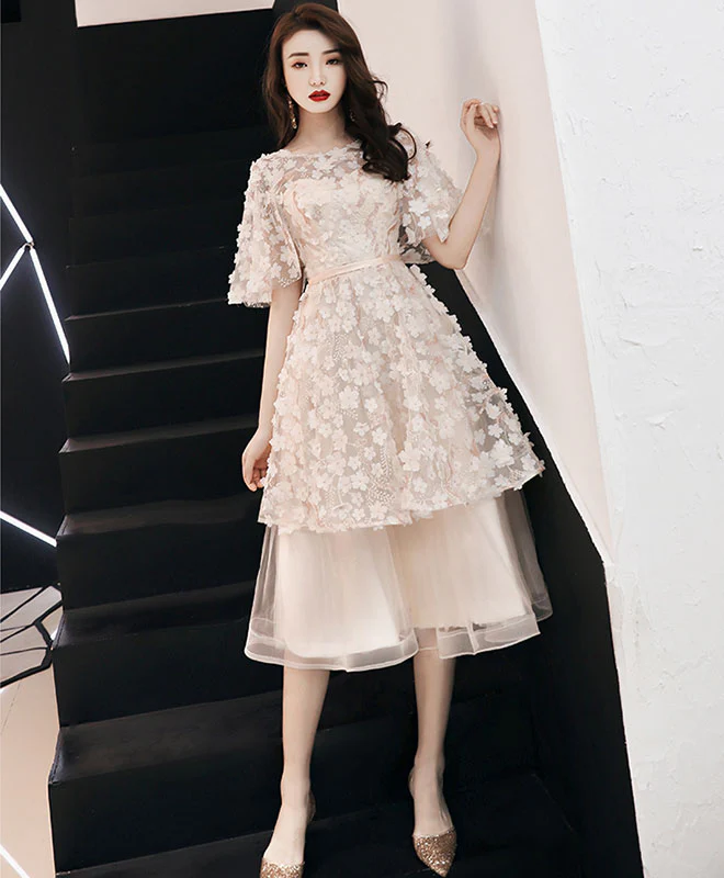 Champagne Tulle  Lace Short Prom Dress, Tulle Evening Dress - Deanwangkt