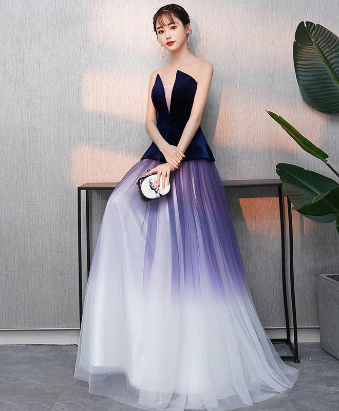 Simple V Neck Tulle Purple Long Prom Dress, Purple Evening Dress - Deanwangkt
