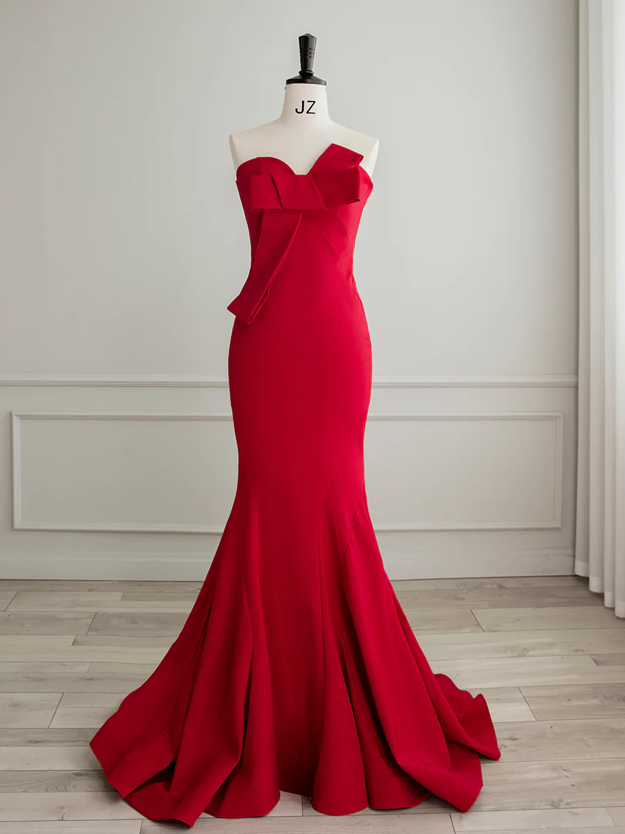 Simple Red Satin Mermaid Long Prom Dress, Red Formal Evening Dress - Deanwangkt