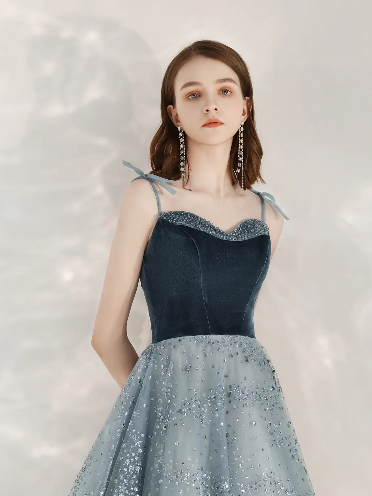 A-Line Sequin Tulle Blue Long Prom Dresses, Tulle Formal Dress with Velvet - Deanwangkt