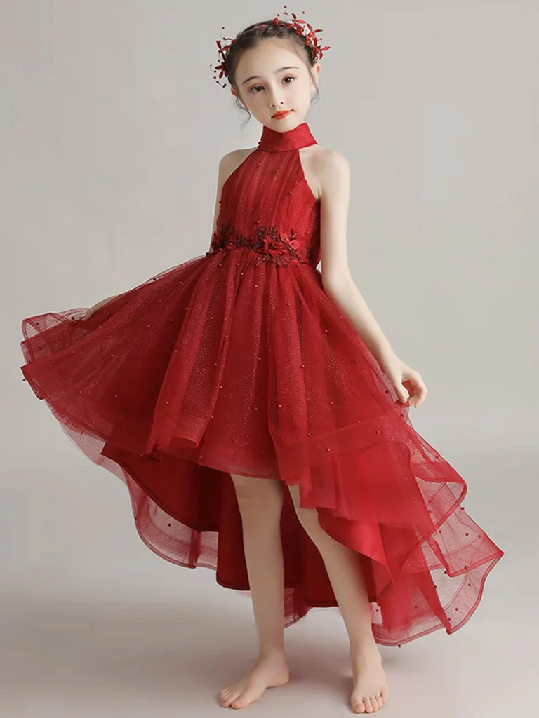 Burgundy Tulle High Low Short Flower Girl Dress with Lace Applique - Deanwangkt