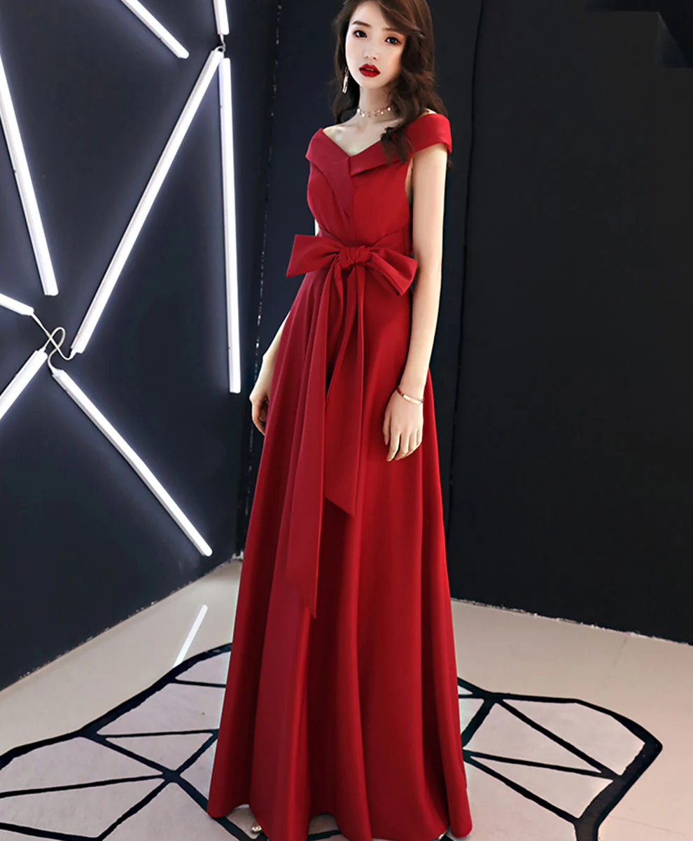 Red V Neck Long Prom Dress, Red Formal Party Dress - Deanwangkt