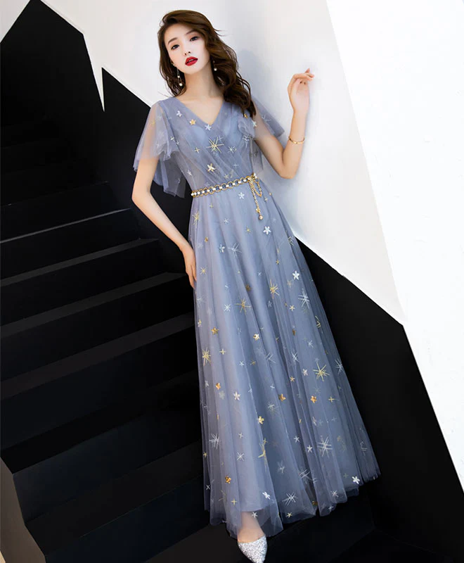 Blue Aline Tulle Long Prom Dress, Blue Tulle Bridesmaid Dress - Deanwangkt