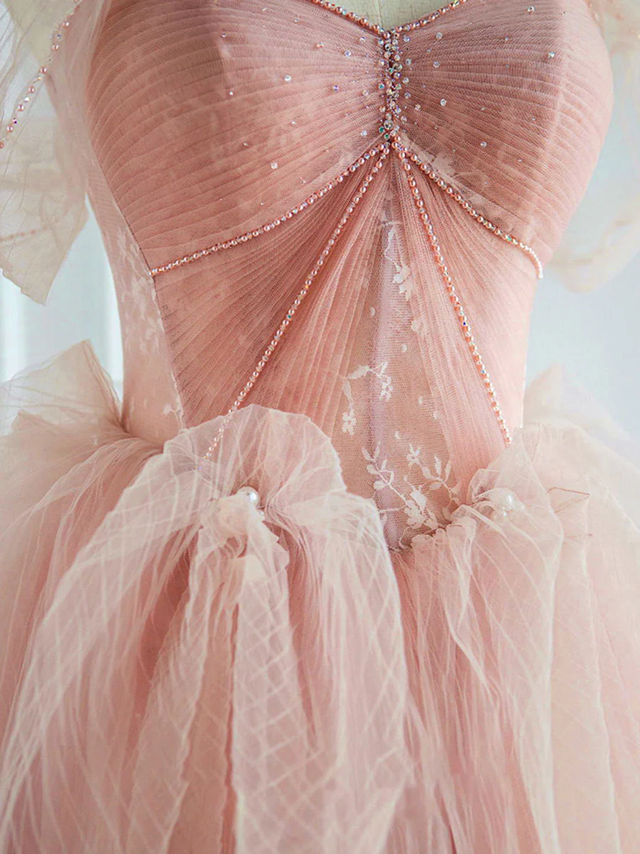 Pink Sweetheart Neck Tulle Long Prom Dress, Pink Sweet 16 Dress - Deanwangkt