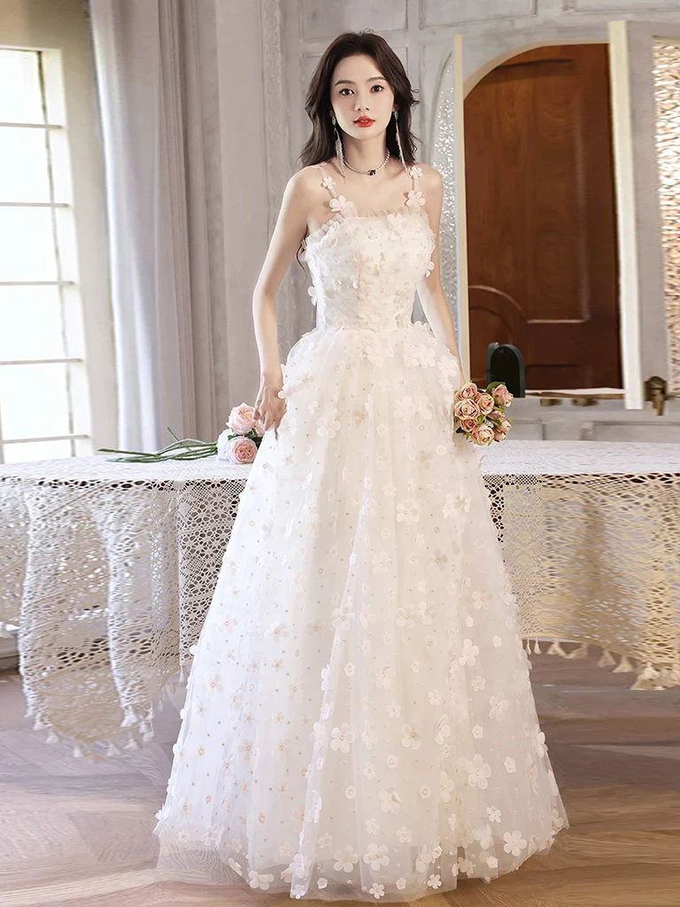 White A-Line Tulle Flower Long Prom Dress, White Formal Evening Dress - Deanwangkt