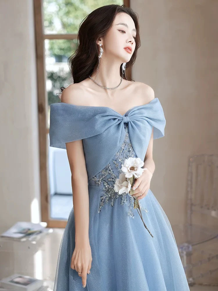 A-Line Off Shoulder Tulle Gray Blue Long Prom Dress, Gray Blue Long Formal Dress - Deanwangkt