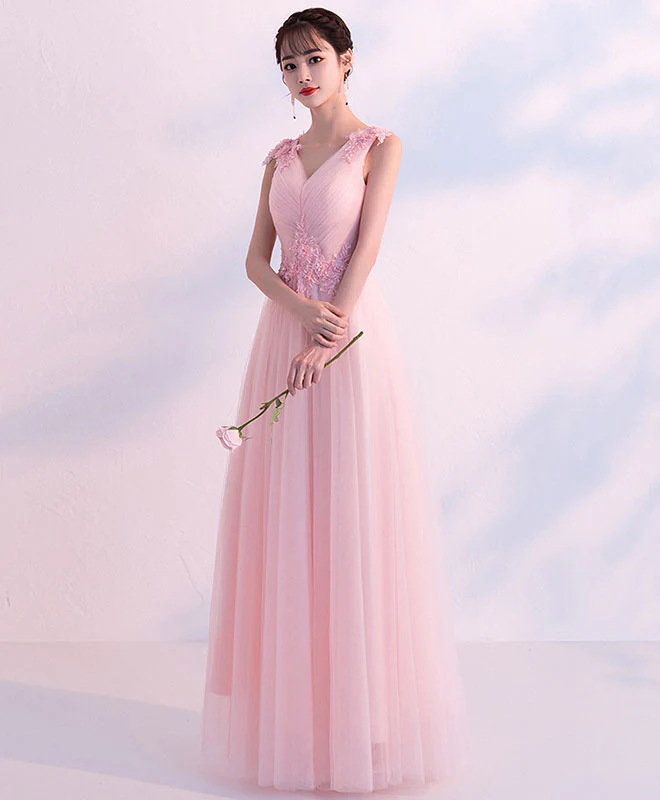 Pink V Neck Tulle Long Prom Dress, Pink Tulle Bridesmaid Dress - Deanwangkt