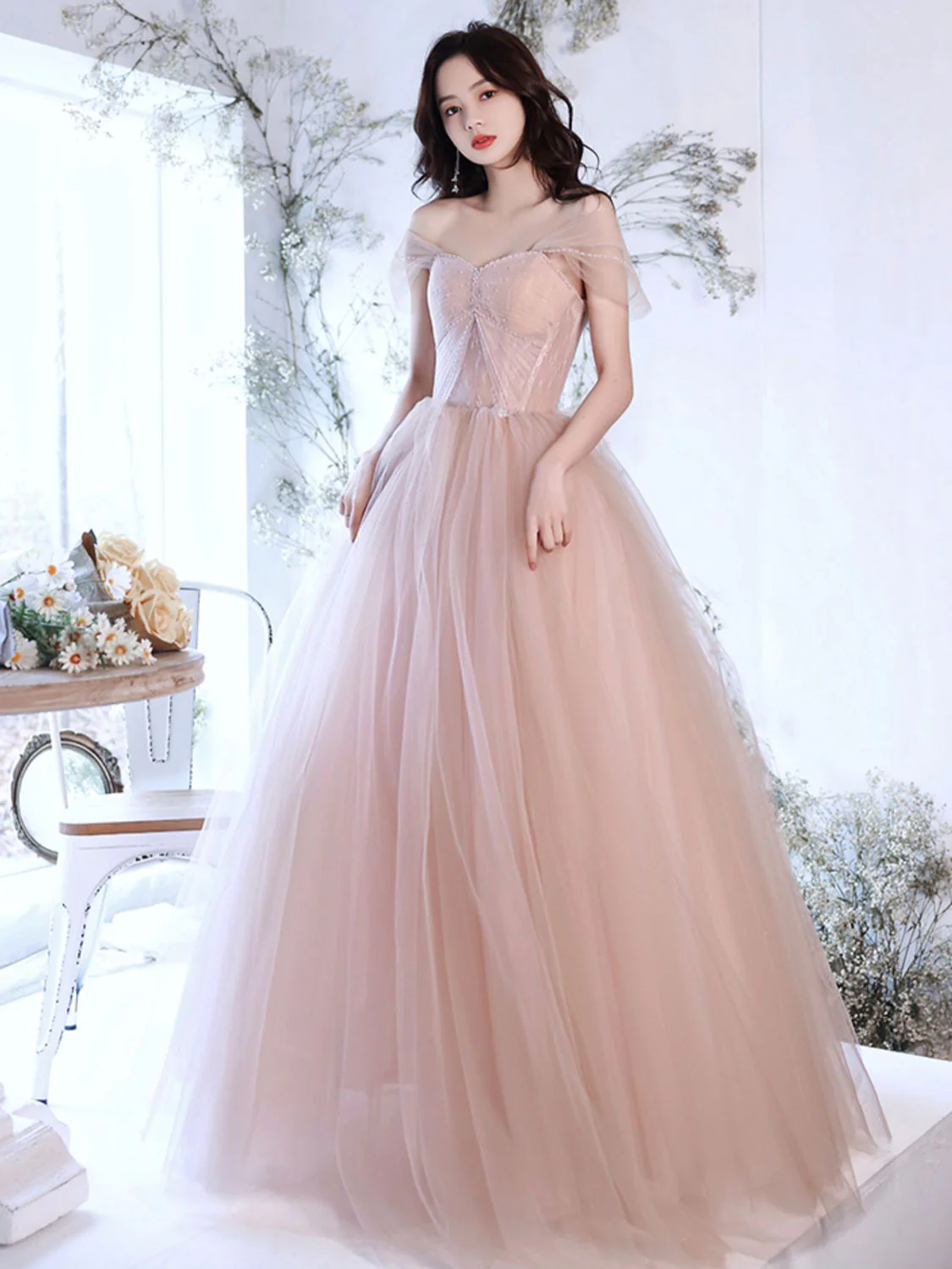 A Line Off Shoulder Pink Long Prom Dress, Pink Graduation Dress with Beading Lace - Deanwangkt