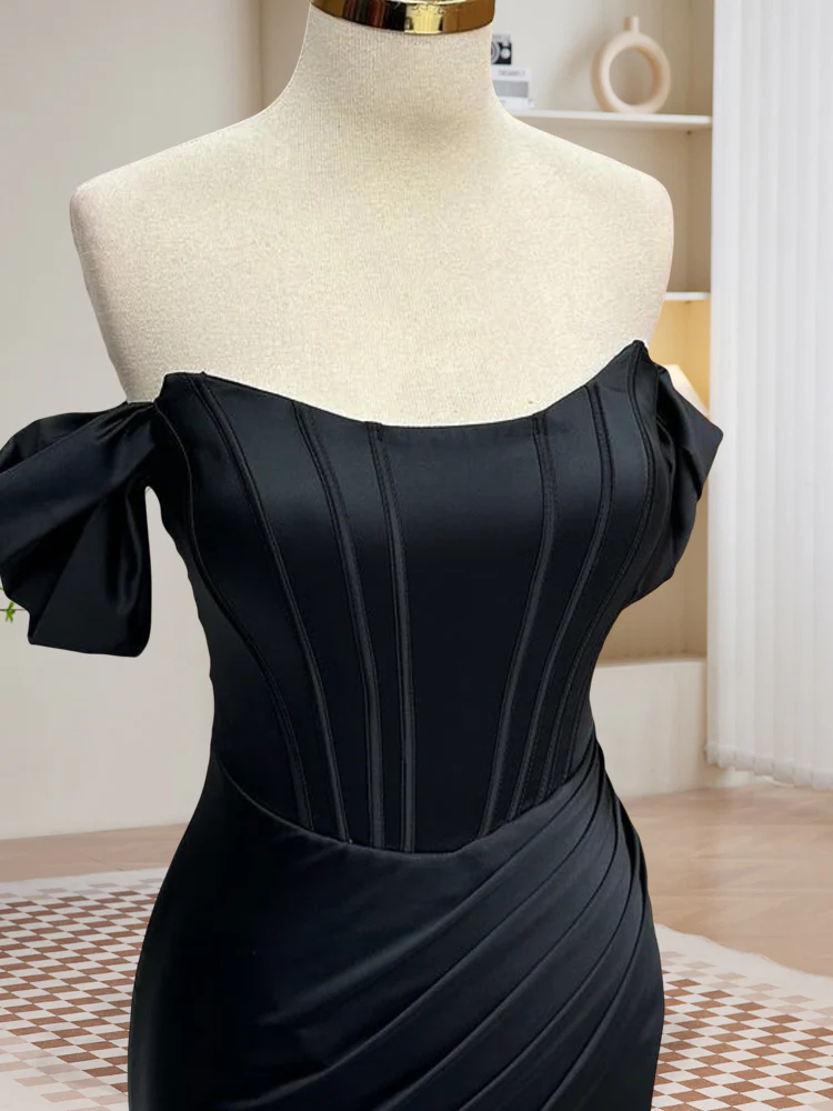 Black Off Shoulder Satin Mermaid Long Prom Dress, Black Long Evening Dress - Deanwangkt