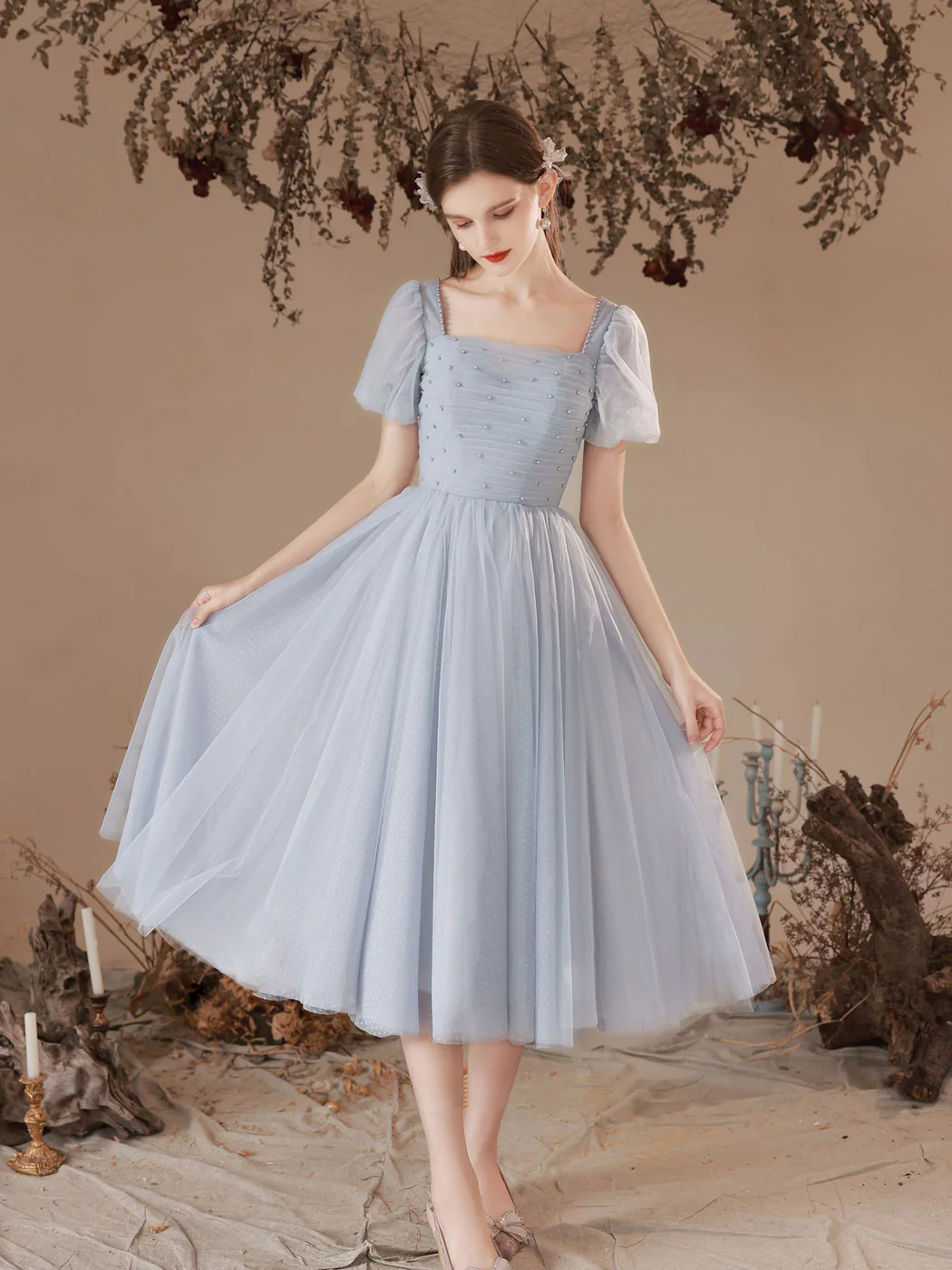 A Line Square Neckline Gray Short Prom Dress, Gray Homecoming Dresses - Deanwangkt