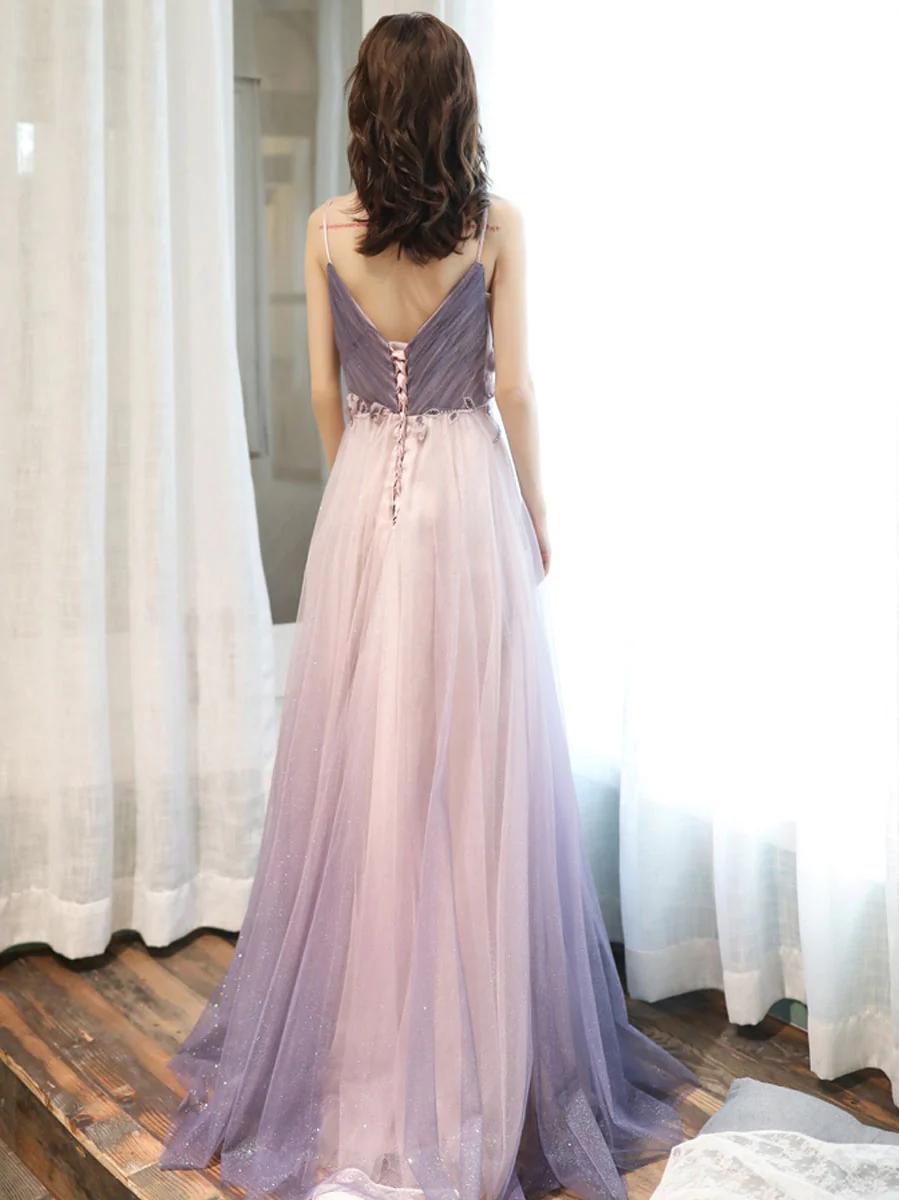 Purple V Neck Tulle Long Prom Dress, Purple Evening Dress - Deanwangkt