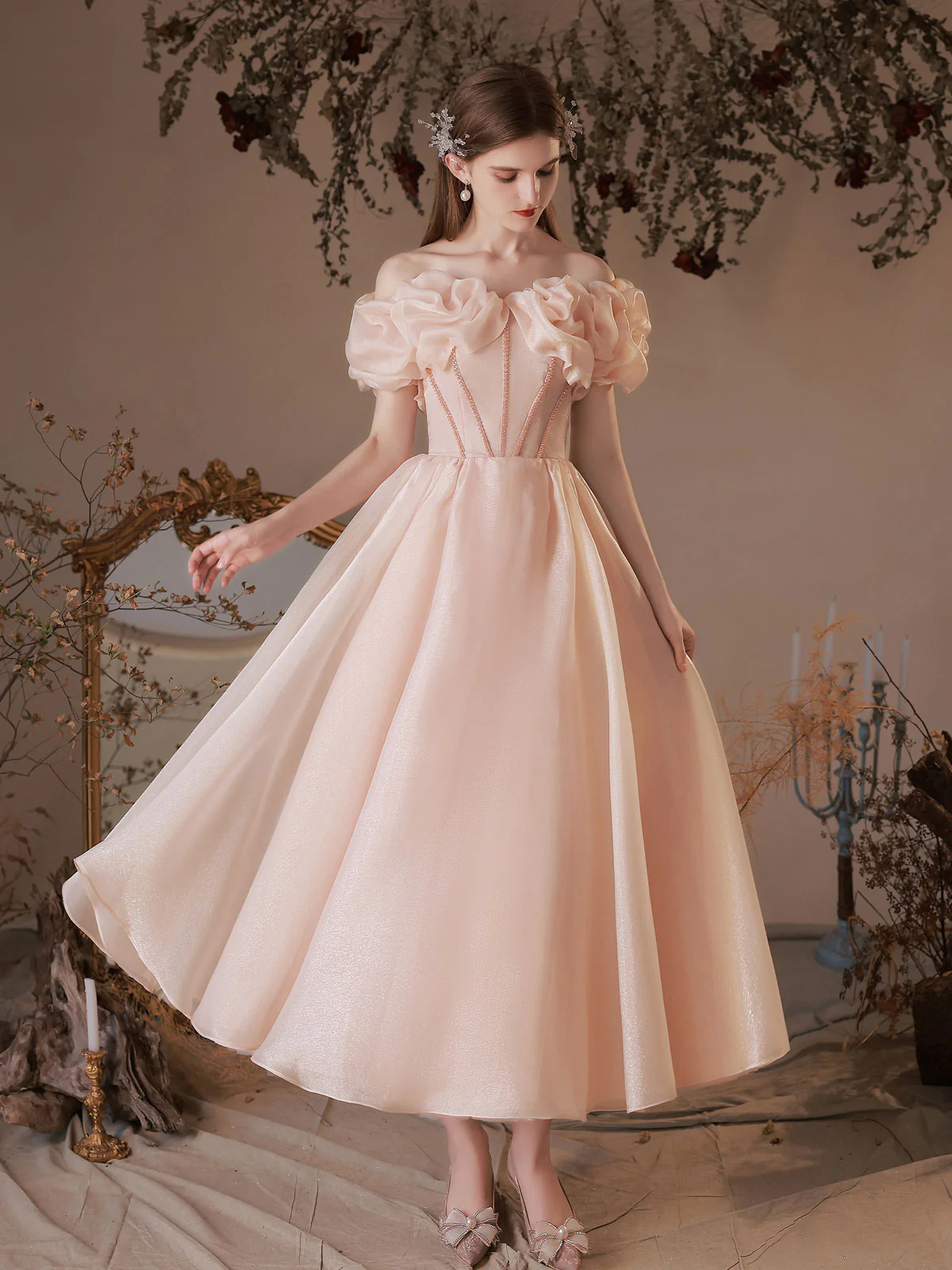 Pink Tulle Off Shoulder Tea Length Prom Dress Pink Tulle Homecoming Dress - Deanwangkt